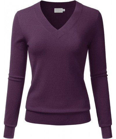 Women's V-Neck Long Sleeve Soft Stretch Pullover Knit Top Sweater (S~XXL) Lbt011-darkpurple $13.12 Sweaters