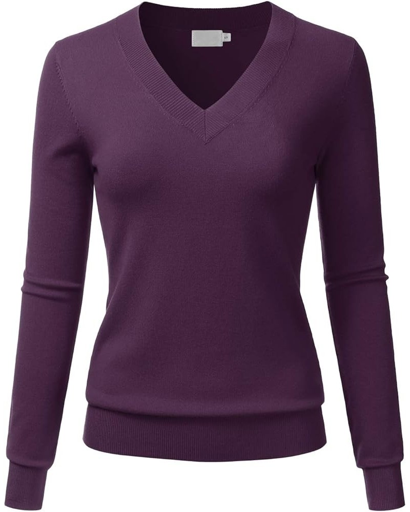 Women's V-Neck Long Sleeve Soft Stretch Pullover Knit Top Sweater (S~XXL) Lbt011-darkpurple $13.12 Sweaters