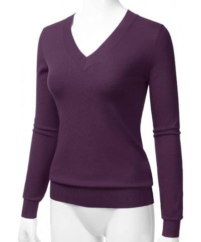 Women's V-Neck Long Sleeve Soft Stretch Pullover Knit Top Sweater (S~XXL) Lbt011-darkpurple $13.12 Sweaters