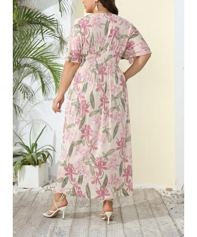 Women's Plus Size Hawaii Empire Waist Bat Short Sleeve Casual Floral Print Boho Maxi Dress Apricot Flowers $21.65 Dresses