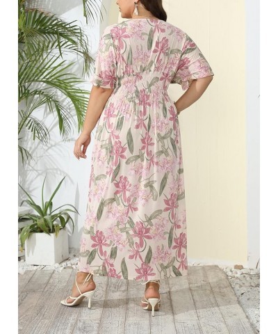 Women's Plus Size Hawaii Empire Waist Bat Short Sleeve Casual Floral Print Boho Maxi Dress Apricot Flowers $21.65 Dresses