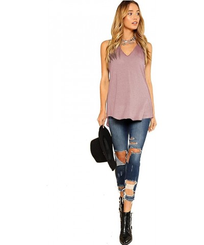 Women's Basic V Neck Longline Dolphin Hem Loose Tunic Tank Top Dusty Pink $8.39 Tanks