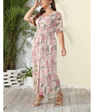 Women's Plus Size Hawaii Empire Waist Bat Short Sleeve Casual Floral Print Boho Maxi Dress Apricot Flowers $21.65 Dresses