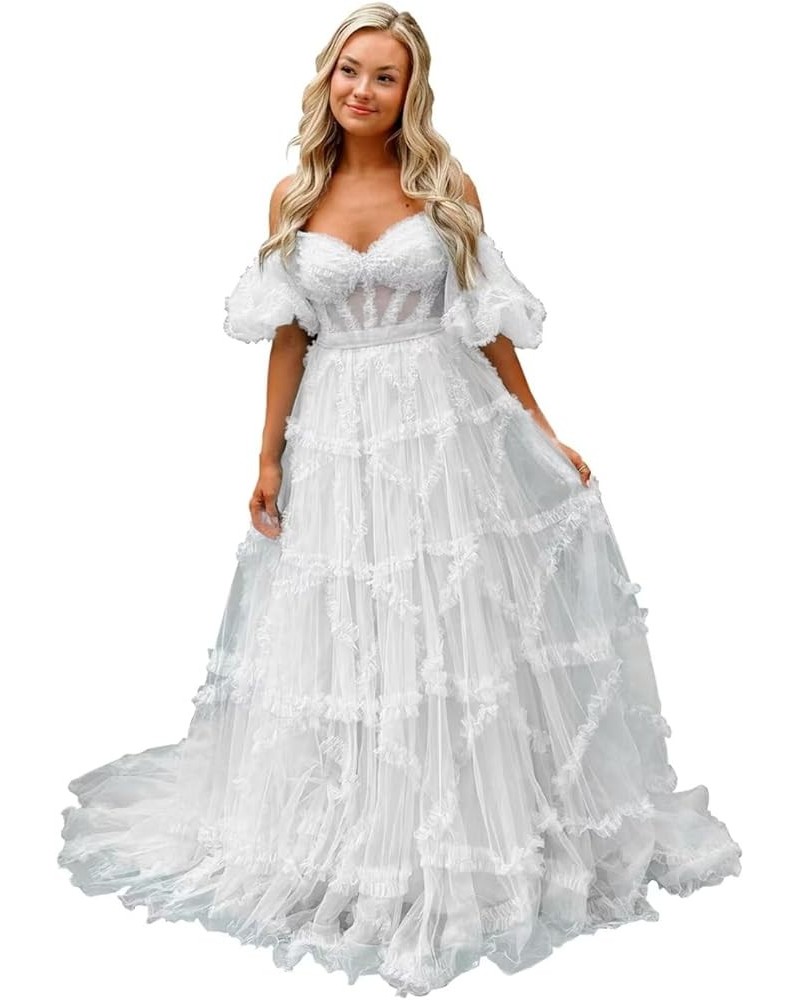 Off Shoulder Prom Dresse Long Ball Gown with Puffy Sleeves for Teens Girls Tulle Ruched Fromal Evening Gowns White $38.72 Dre...