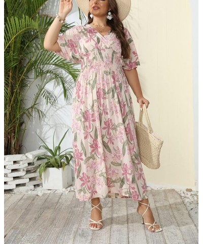 Women's Plus Size Hawaii Empire Waist Bat Short Sleeve Casual Floral Print Boho Maxi Dress Apricot Flowers $21.65 Dresses