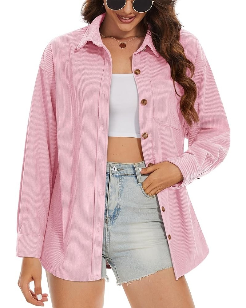 Womens Corduroy Shacket Long Sleeve Button Down Shirt Spring Casual Jacket Bust Pocket Loose Fit Blouse Tops Light Pink $21.3...