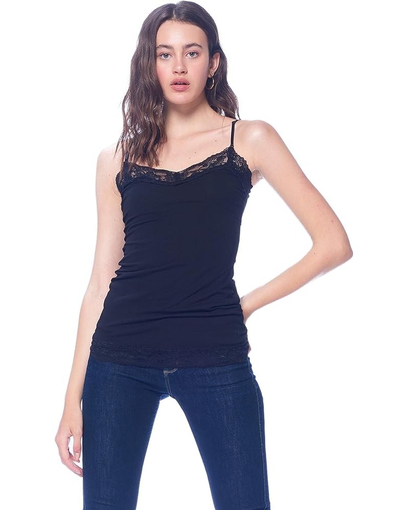 Women's Long Lace Trim Plain Adjustable Spaghetti Strap Cami Top Black $7.97 Tanks