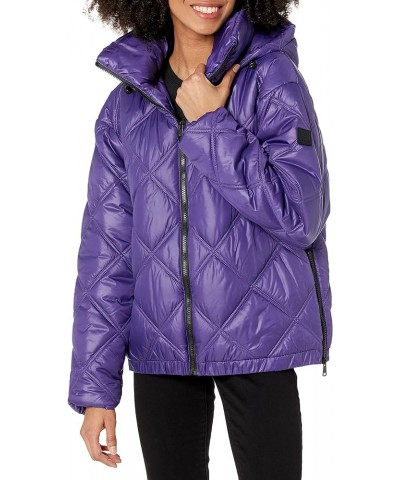 Women's Short Hooded Diamond Quilted Puffer Jacket Purple $23.79 Jackets