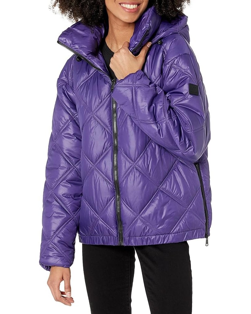 Women's Short Hooded Diamond Quilted Puffer Jacket Purple $23.79 Jackets