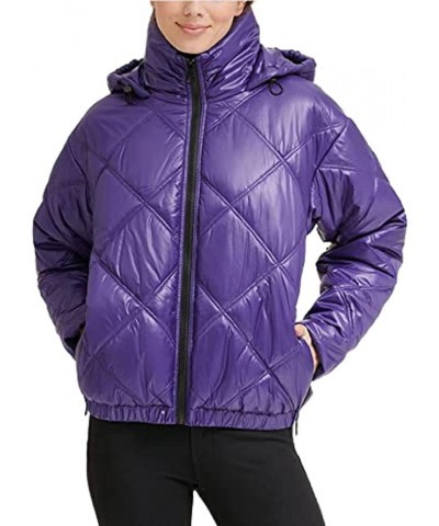 Women's Short Hooded Diamond Quilted Puffer Jacket Purple $23.79 Jackets