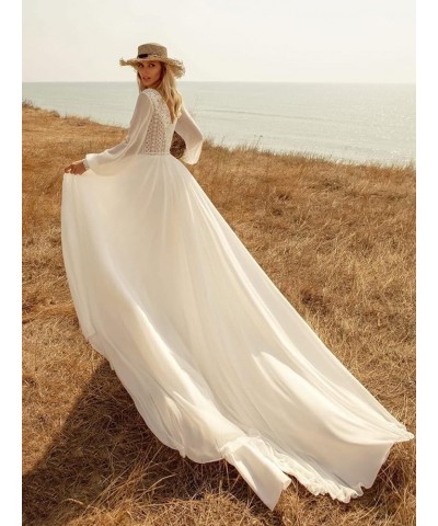 Rustic Beach Boho Outdoor Wedding Dress V-Neck White Lace Chiffon Long Sleeve Photography Bridal Gown (Color : Ivory, Size : ...