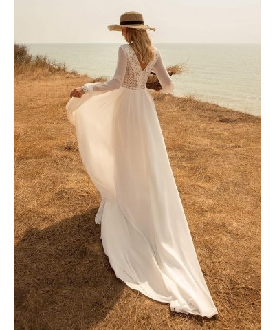 Rustic Beach Boho Outdoor Wedding Dress V-Neck White Lace Chiffon Long Sleeve Photography Bridal Gown (Color : Ivory, Size : ...