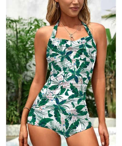 Women's Boyleg Ruched Swimsuit One Piece Bathing Suit Tummy Control Green Leaf $21.65 Swimsuits