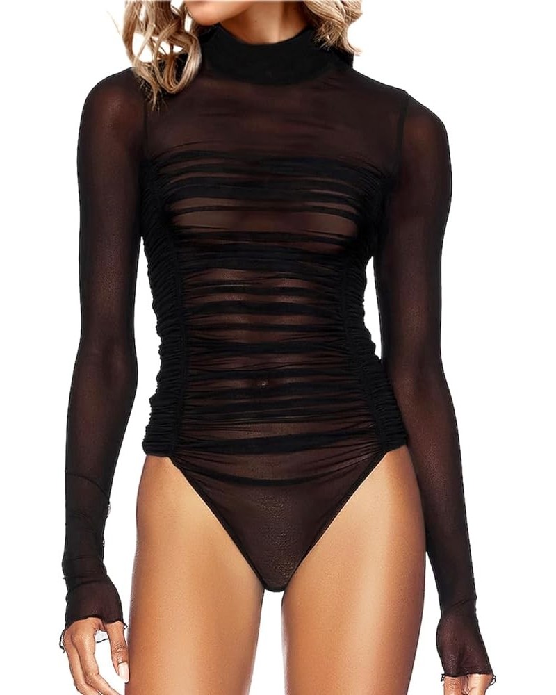 Women's Sheer Mesh Turtleneck Neck See Through Leotard Bodysuit Body Tops Black-9993 $16.10 Bodysuits