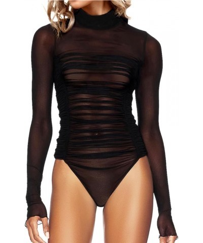 Women's Sheer Mesh Turtleneck Neck See Through Leotard Bodysuit Body Tops Black-9993 $16.10 Bodysuits