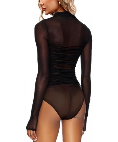 Women's Sheer Mesh Turtleneck Neck See Through Leotard Bodysuit Body Tops Black-9993 $16.10 Bodysuits