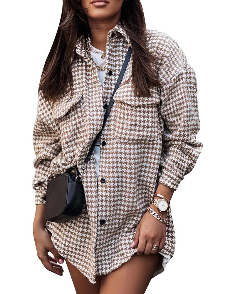 Plaid Shacket Jacket Women Long Sleeve Oversized Button Down Shirt Houndstooth Flannel Casual Tops Khaki $8.99 Blouses