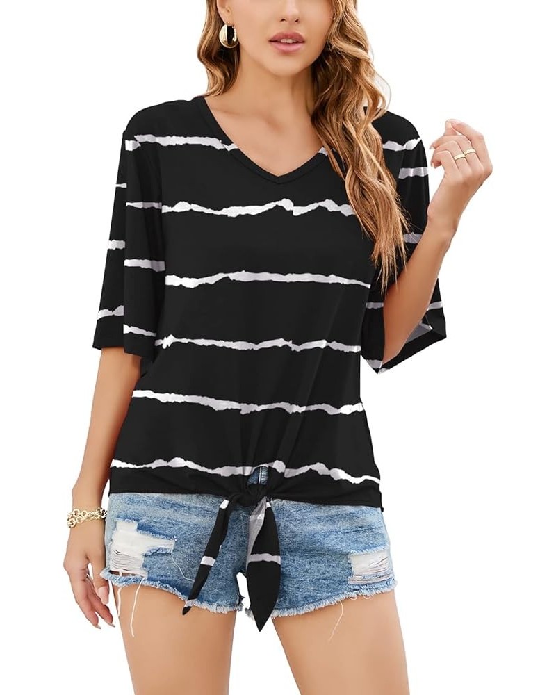 Women's Tie Front Tops Summer V Neck 3/4 Bell Sleeve Twist Knot Shirt Fp Striped Black $12.75 Blouses