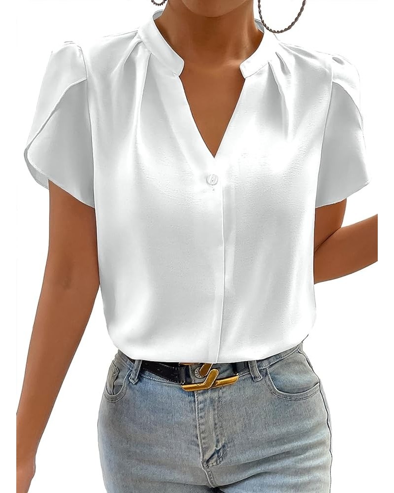 Women's Casual Notched V Neck Cap Sleeve Dressy Chiffon Blouse Tops White $10.75 Blouses