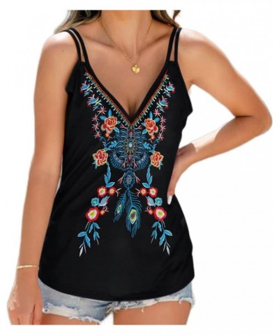 Spaghetti Strap Tank Tops for Women V Neck Boho Sleeveless Cami Mexican Embroidered Tops Black Floral $10.00 Tanks