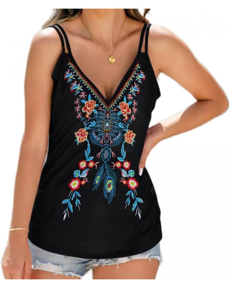 Spaghetti Strap Tank Tops for Women V Neck Boho Sleeveless Cami Mexican Embroidered Tops Black Floral $10.00 Tanks