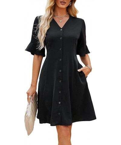 Womens Business Casual Summer Dress Button Down V Neck Empire Waist Puff Sleeve Self Waist Tie Black $13.00 Dresses