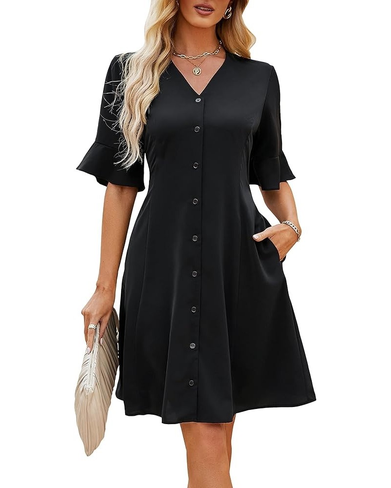 Womens Business Casual Summer Dress Button Down V Neck Empire Waist Puff Sleeve Self Waist Tie Black $13.00 Dresses