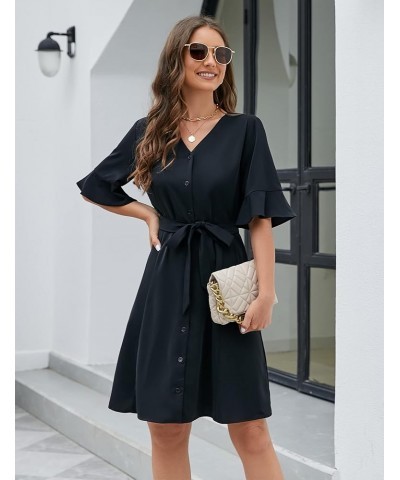 Womens Business Casual Summer Dress Button Down V Neck Empire Waist Puff Sleeve Self Waist Tie Black $13.00 Dresses