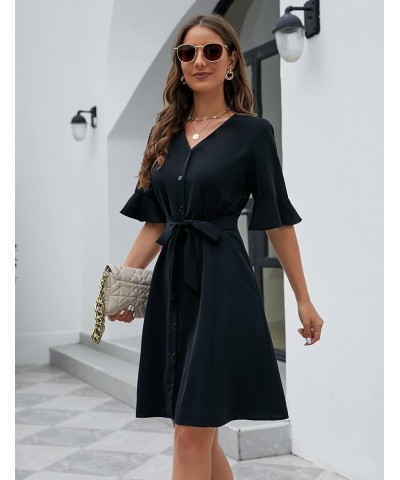 Womens Business Casual Summer Dress Button Down V Neck Empire Waist Puff Sleeve Self Waist Tie Black $13.00 Dresses