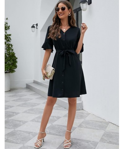 Womens Business Casual Summer Dress Button Down V Neck Empire Waist Puff Sleeve Self Waist Tie Black $13.00 Dresses