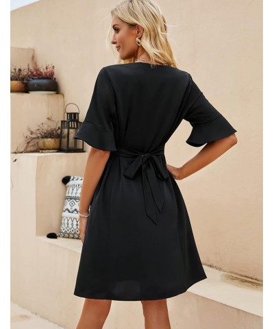 Womens Business Casual Summer Dress Button Down V Neck Empire Waist Puff Sleeve Self Waist Tie Black $13.00 Dresses