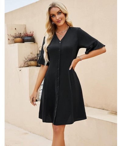 Womens Business Casual Summer Dress Button Down V Neck Empire Waist Puff Sleeve Self Waist Tie Black $13.00 Dresses