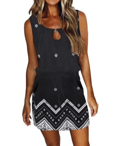 Womens Summer Causal Loose Sleeveless Crew Neck Drawstring Waist Mini Short Dress with Pockets T Black $14.33 Dresses