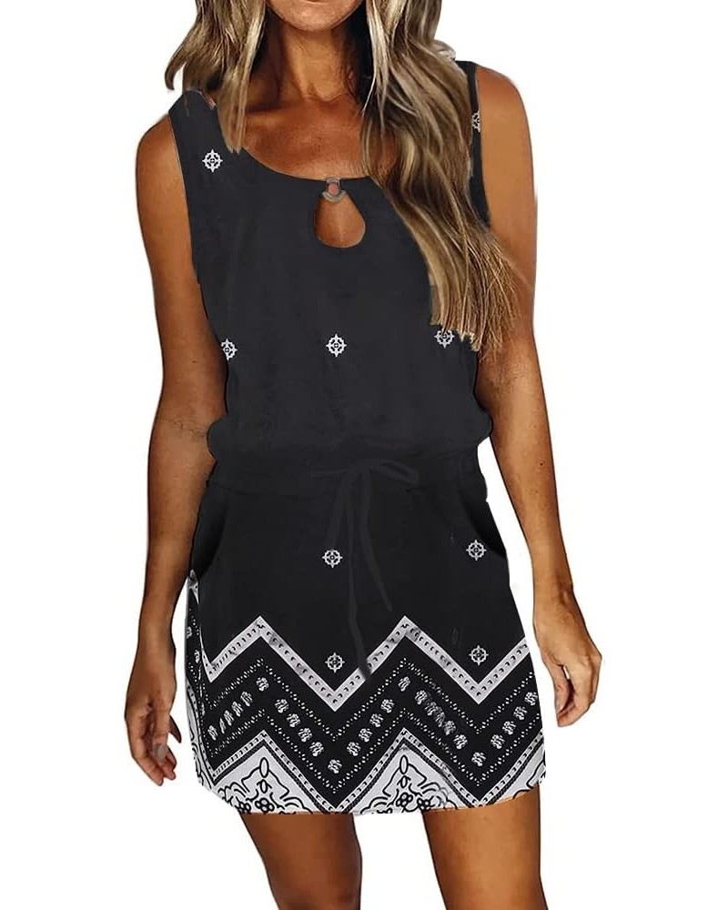 Womens Summer Causal Loose Sleeveless Crew Neck Drawstring Waist Mini Short Dress with Pockets T Black $14.33 Dresses