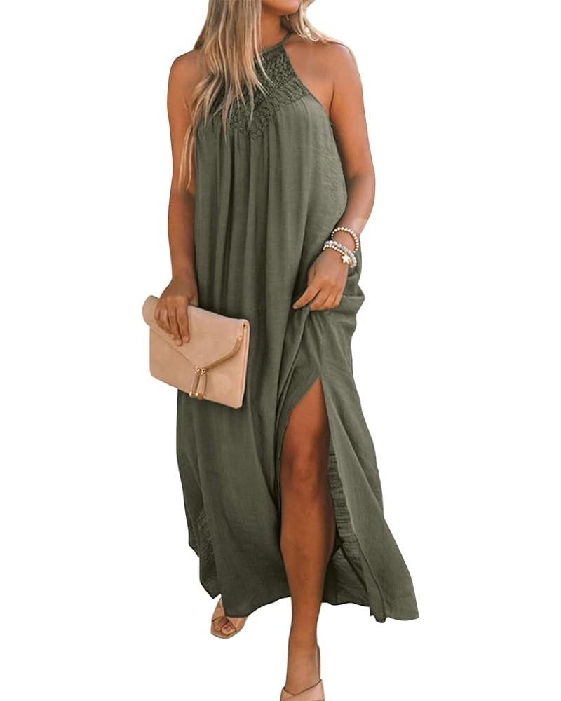 Sleeveless Long Dress for Women Boho Halter Maxi Dresses Casual Loose Sundress Split Cover Up Gown with Pockets Olive $24.98 ...