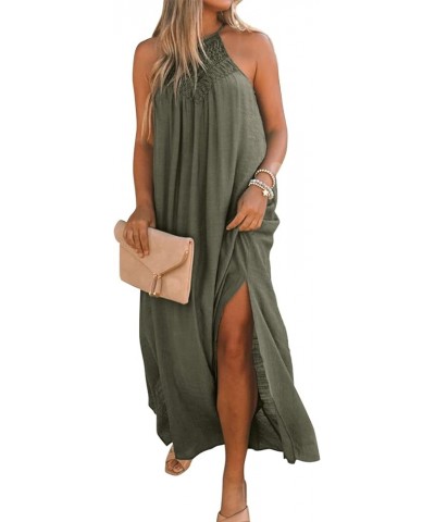 Sleeveless Long Dress for Women Boho Halter Maxi Dresses Casual Loose Sundress Split Cover Up Gown with Pockets Olive $24.98 ...