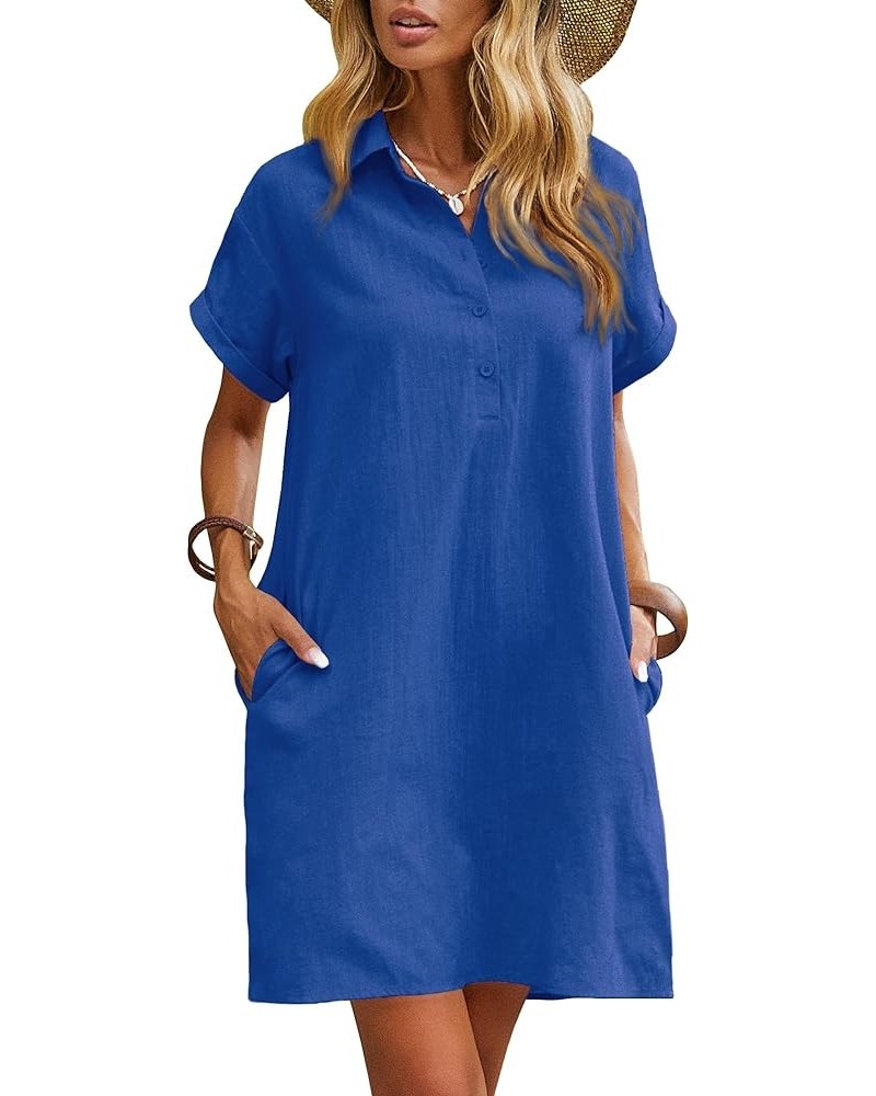 Womens Cotton Shirt Dress Summer Casual Short Sleeve Button Down Beach Cover Up Shirts with Pockets Royal Blue $20.99 Dresses