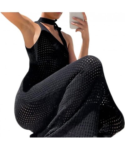 Women Hollow Out Crochet Knit Dress Sheer Lace See Through Swimsuit Bikini Coverups Long Beach Dress 09-one Shoulder Black $1...