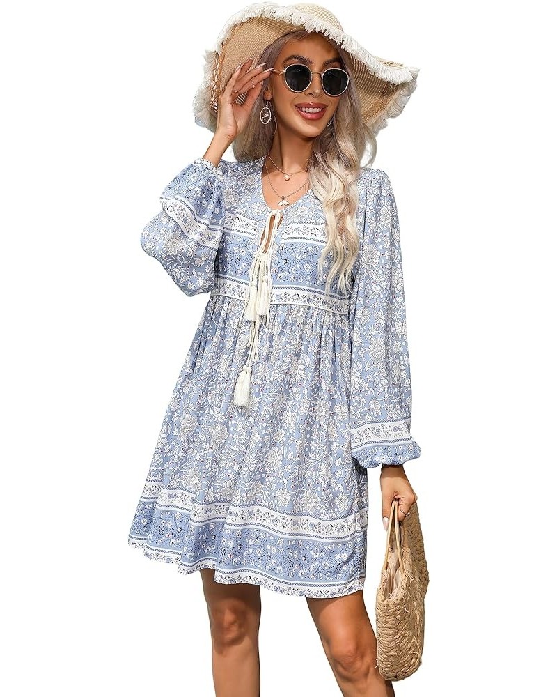 Womens Long Sleeve Floral Casual Print Cotton Mini Tunic Dress Lightblue $18.35 Dresses