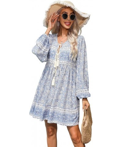 Womens Long Sleeve Floral Casual Print Cotton Mini Tunic Dress Lightblue $18.35 Dresses