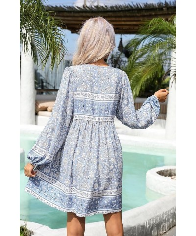 Womens Long Sleeve Floral Casual Print Cotton Mini Tunic Dress Lightblue $18.35 Dresses