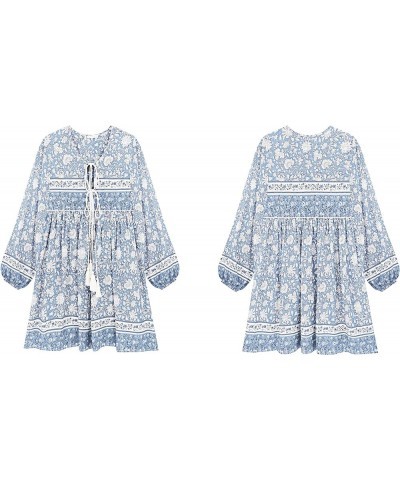 Womens Long Sleeve Floral Casual Print Cotton Mini Tunic Dress Lightblue $18.35 Dresses