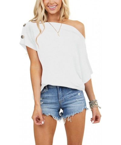 Womens Short Sleeve Shirts Off The Shoulder Tops Sexy Button Down Shirt Loose Tunic Top Blouses Summer Tops White $10.50 Blouses