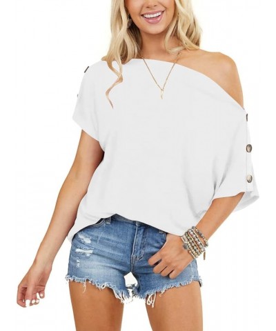 Womens Short Sleeve Shirts Off The Shoulder Tops Sexy Button Down Shirt Loose Tunic Top Blouses Summer Tops White $10.50 Blouses