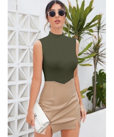 Women Mock Neck Turtleneck Sleeveless Long Sleeve Top Clothing Sleeveless Army Green $9.24 Underwear