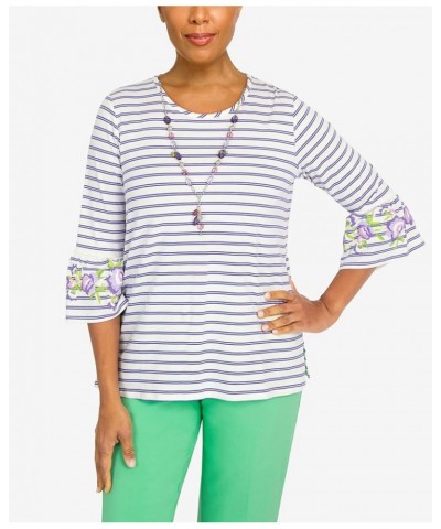 Women's Striped Bell Sleeve Top with Necklace X-Large Purple $23.82 Tops