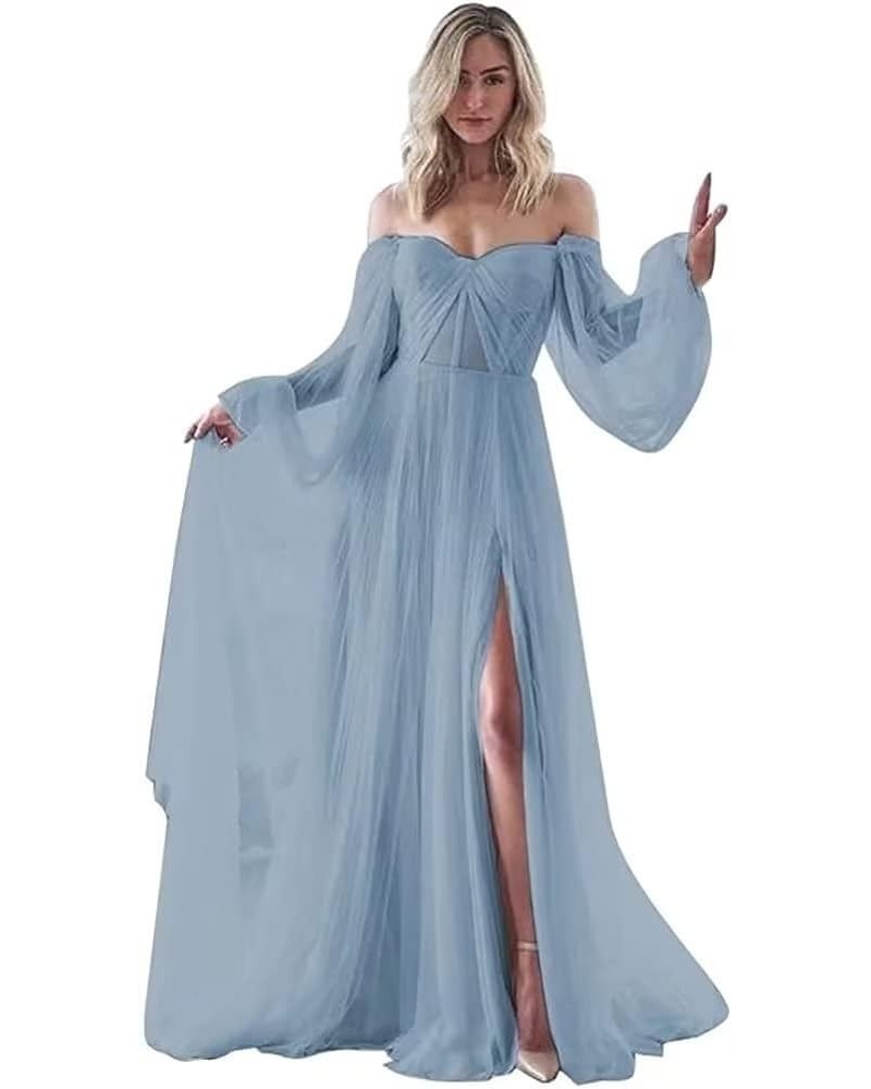 Women's Puffy Sleeves Prom Dresses Off The Shoulder Boho Wedding Dress A Line Long Tulle Ball Gowns with Slit Dusty Blue $37....