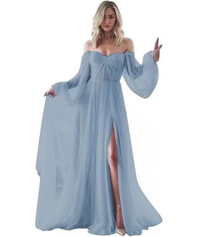 Women's Puffy Sleeves Prom Dresses Off The Shoulder Boho Wedding Dress A Line Long Tulle Ball Gowns with Slit Dusty Blue $37....