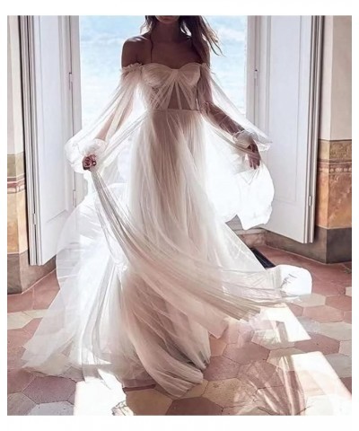 Women's Puffy Sleeves Prom Dresses Off The Shoulder Boho Wedding Dress A Line Long Tulle Ball Gowns with Slit Dusty Blue $37....