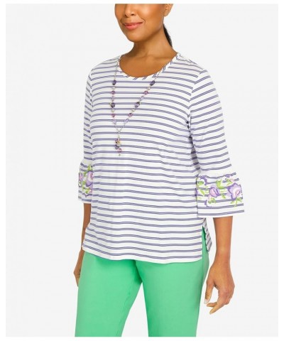 Women's Striped Bell Sleeve Top with Necklace X-Large Purple $23.82 Tops